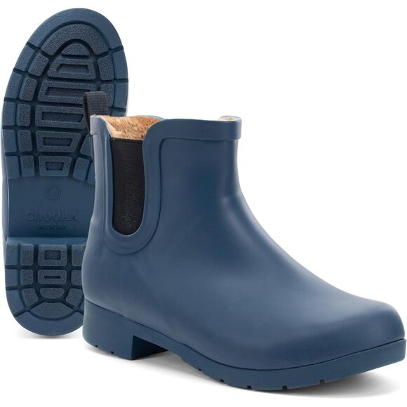 Women’s Blue Waterproof Plush Lined Slip On Rain Ankle Slim Chelsea Boots - Picture 11 of 13